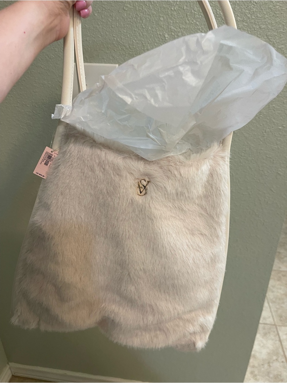 Victoria's Secret Cream Faux Fur Shoulder Bag with Gold Logo